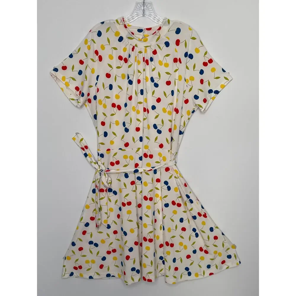 ModCloth Cherry Print retro swing Fit & Flare Dress mock neck & belt XL